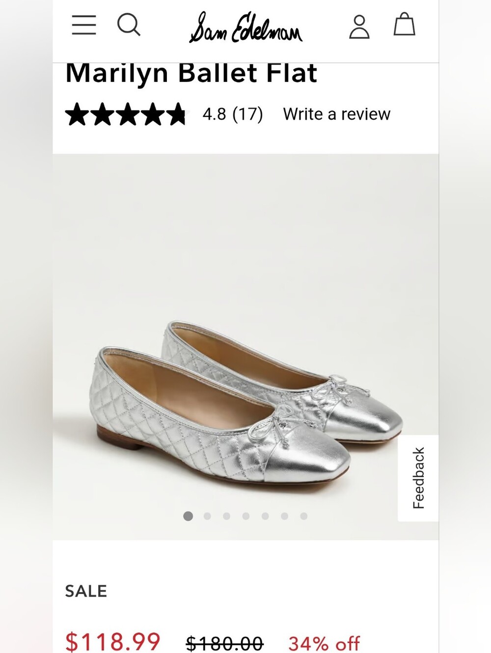 Sam Edelman Marilyn Quilted Ballet Flat in Silver